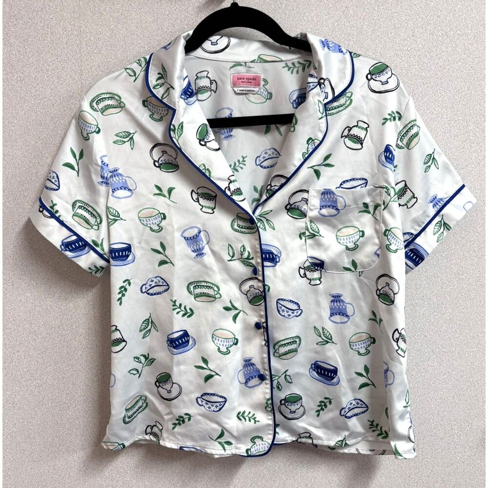 Kate Spade New‎ York Tea Party Print Pajama Top Women's Large Satin Look